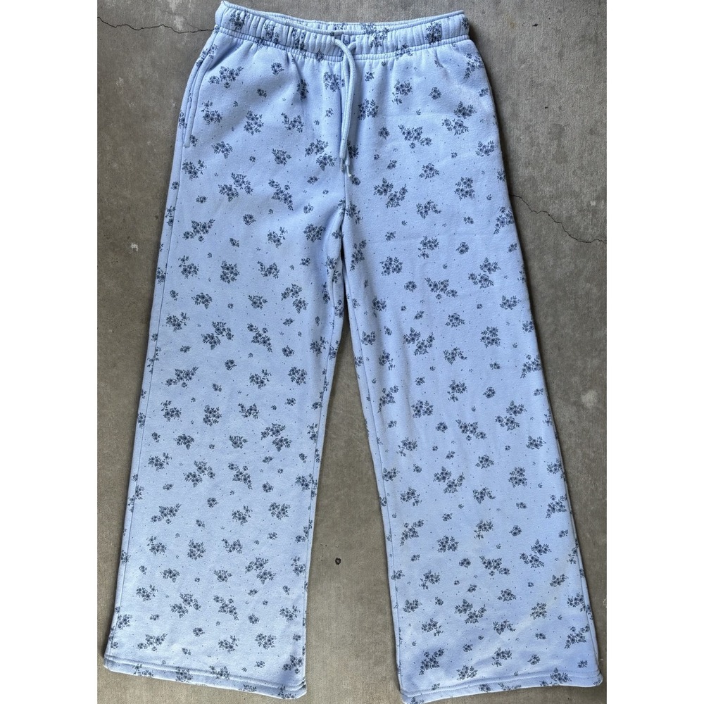 Mighty Fine Womens Sweat Pajama Pants Light Blue Wide Leg Drawstring Floral XS